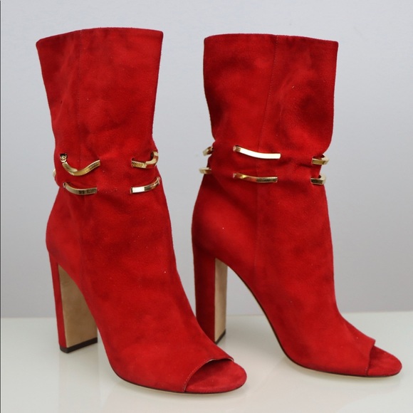 Jimmy Choo Red Suede Open Toe Booties Size 37 - Picture 1 of 4